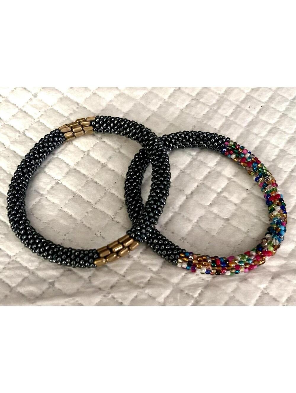 Sashka Co. Lot Of 2 Roll On Bracelets- Gunmetal Gray Gold Multi- Nepal Handmade - Picture 2 of 2